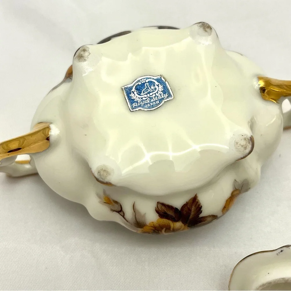 Royal Sealy Sugar Bowl w/ Lid & Creamer, Brown Orange Floral Pattern, VTG EUC